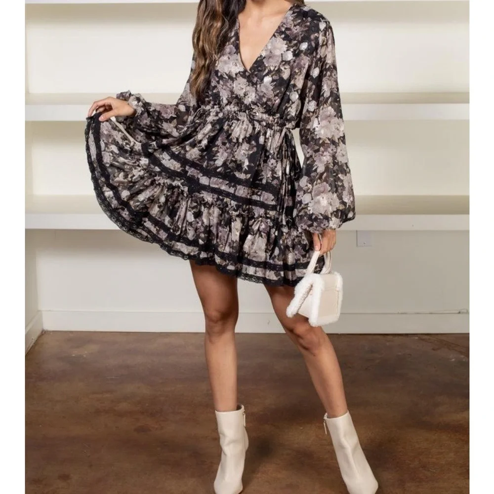 En Saison Babydoll Dress Rena Floral Print Boho Long sleeves Mini Chiffon 1X
